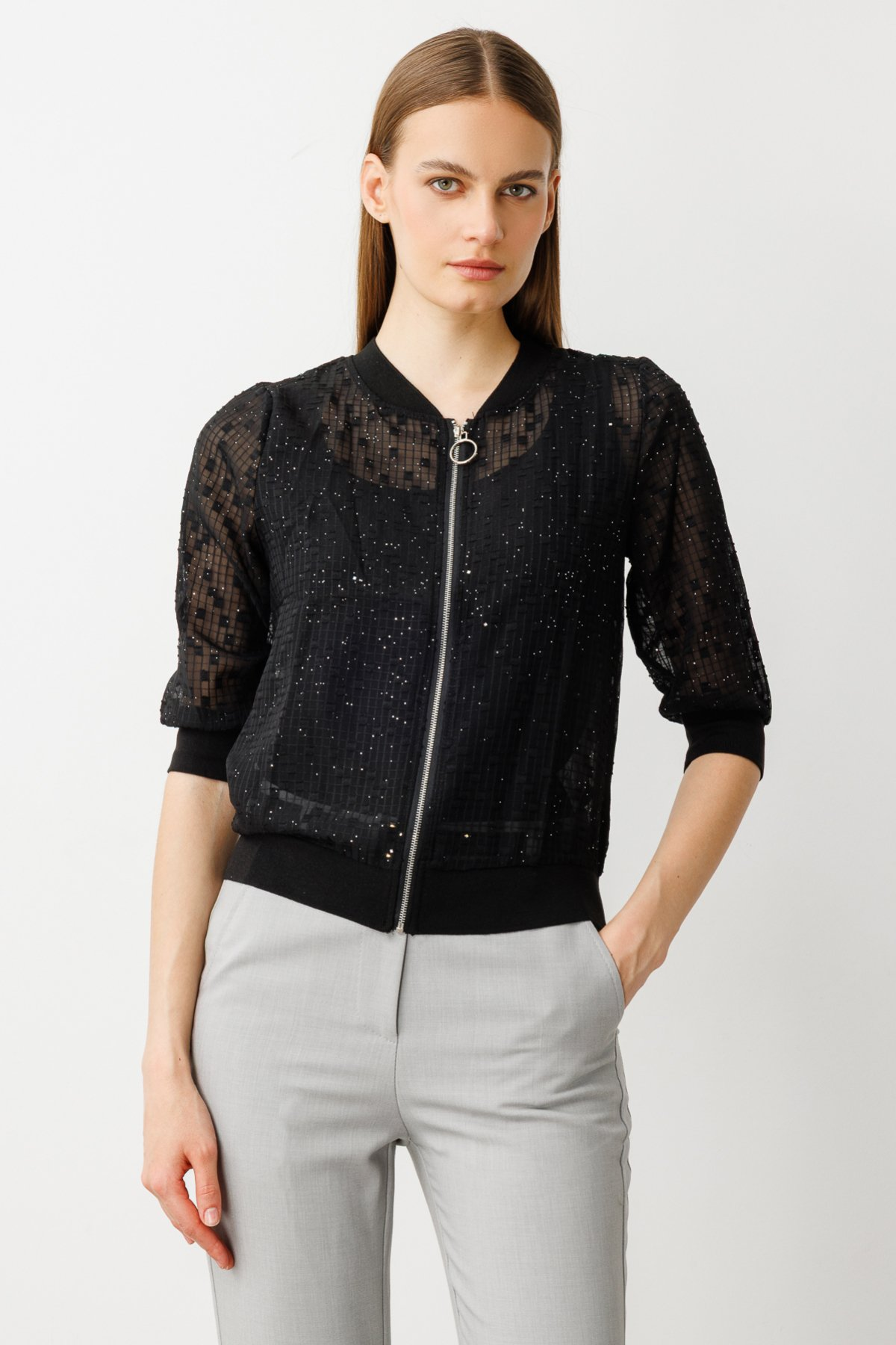 On Minimalist 3/4 Kol Fermuarlı Crop Hırka - Şık ve Rahat Ana görsel