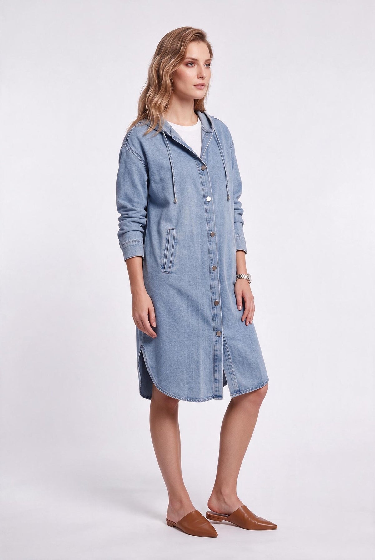 İKOLL Kadın Rahat Kesim Kapüşonlu Düğmeli Denim Kap Elbise Midi Boy
