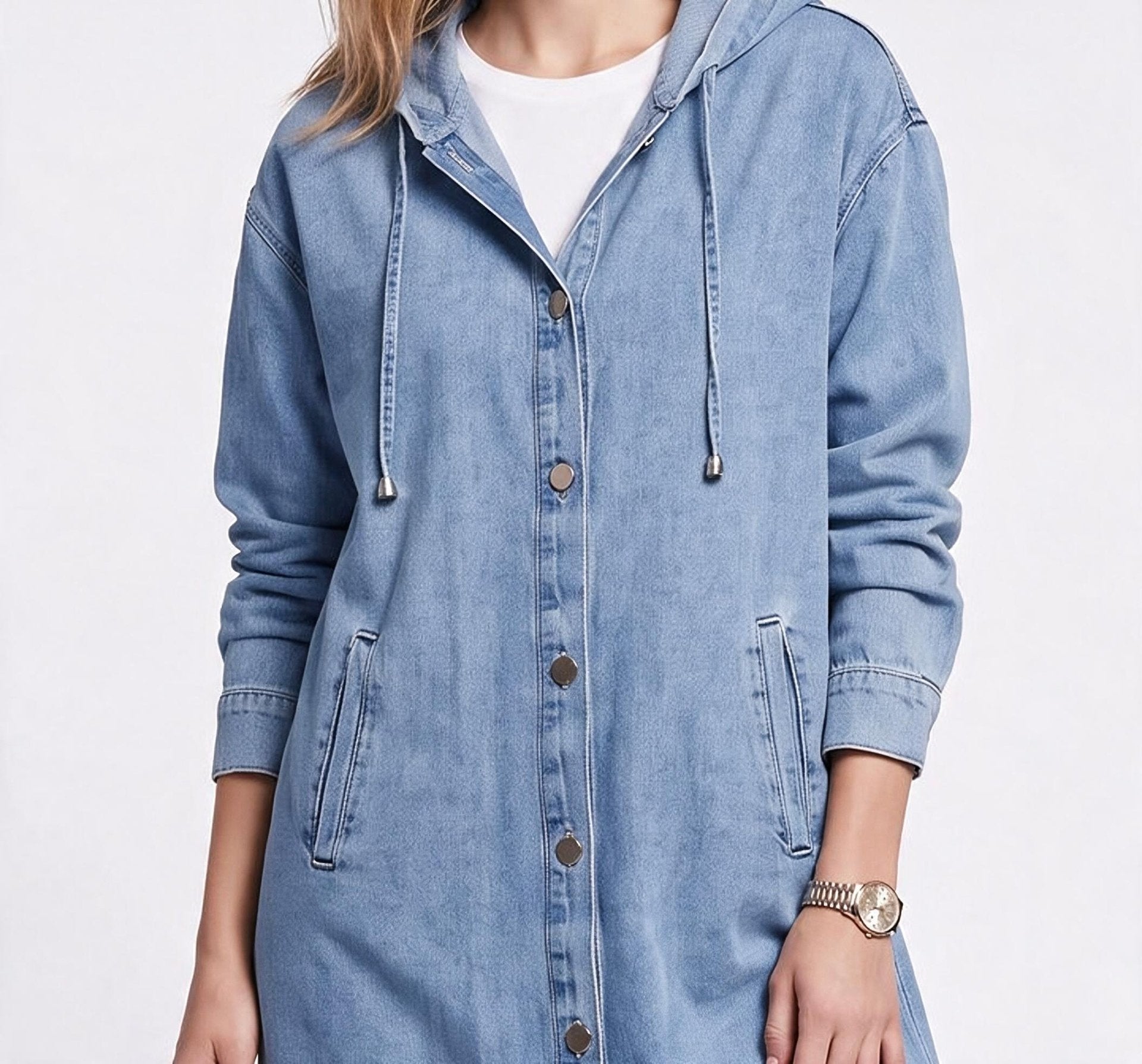 İKOLL Kadın Rahat Kesim Kapüşonlu Düğmeli Denim Kap Elbise Midi Boy