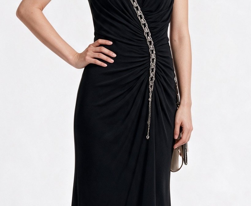 İremor Kadın V Yaka Zincir Detaylı Drapeli Uzun Abiye Elbise
