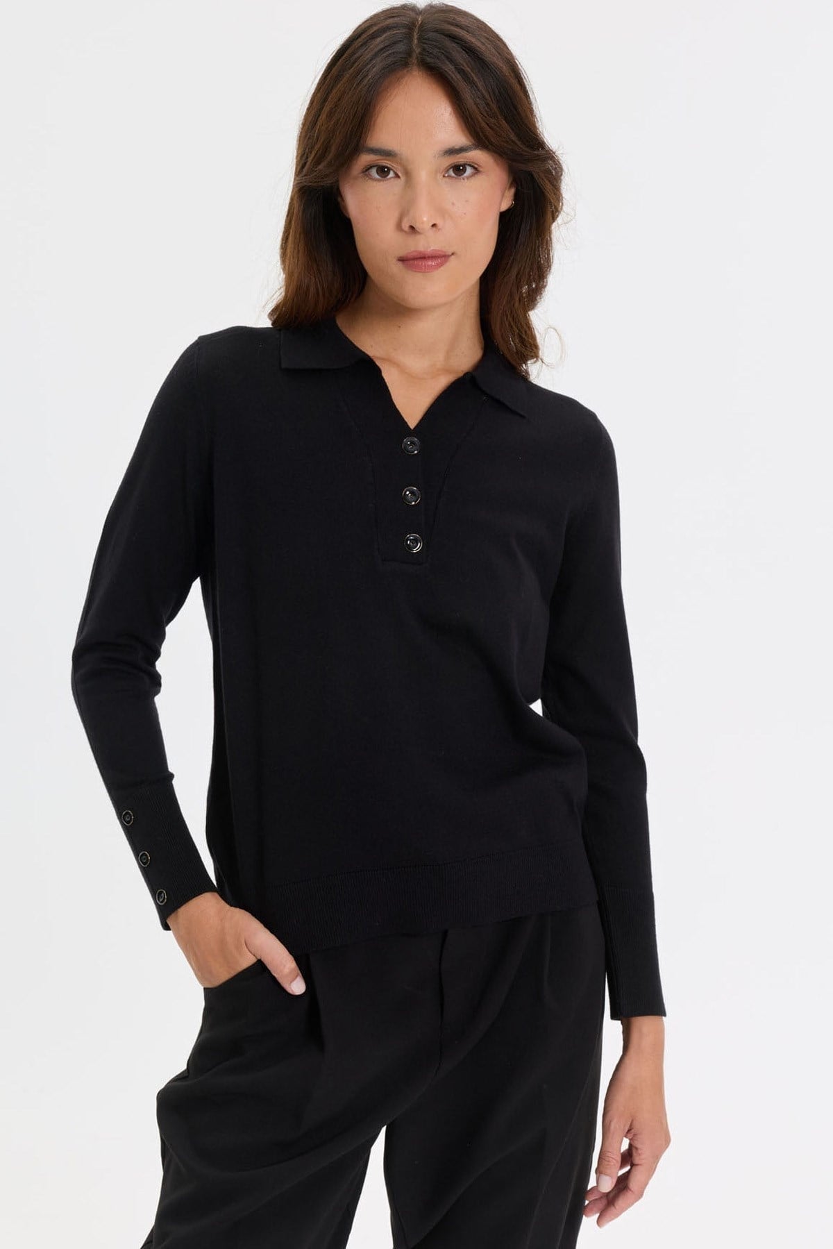 Kadın Polo Yaka Önü ve Kolu Düğmeli Triko Bluz