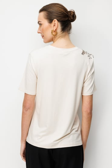 Kadın Sıfır Yaka Tek Omuzu Nakışlı Penye T-shirt DESEN