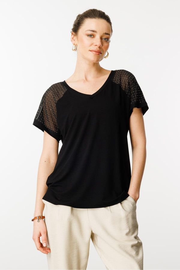 Kadın V Yaka Omuzları Taş Baskılı Penye T-shirt