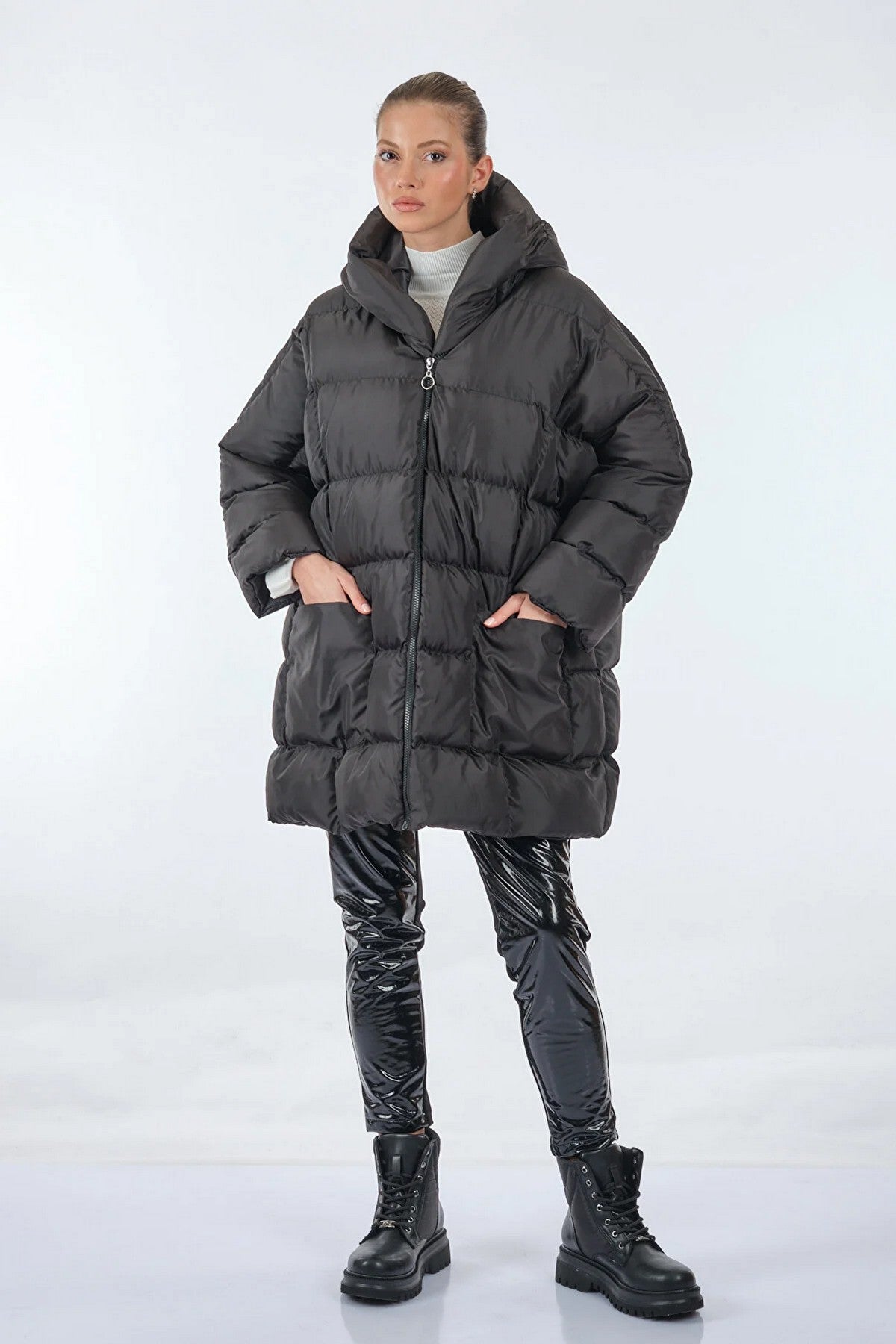 MONALURE Oversize Kapüşonlu Midi Şişme Mont - Kışlık Günlük