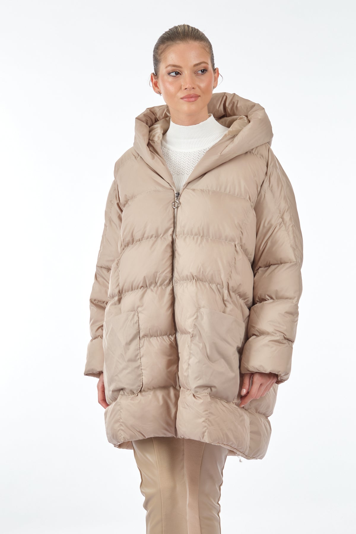 MONALURE Oversize Kapüşonlu Midi Şişme Mont - Kışlık Günlük İkincil görsel