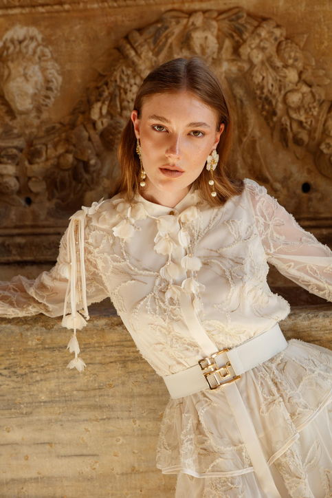 Nefeli Midi Katlı Şifon Elbise - Uzun Kol - Bohemian Stil