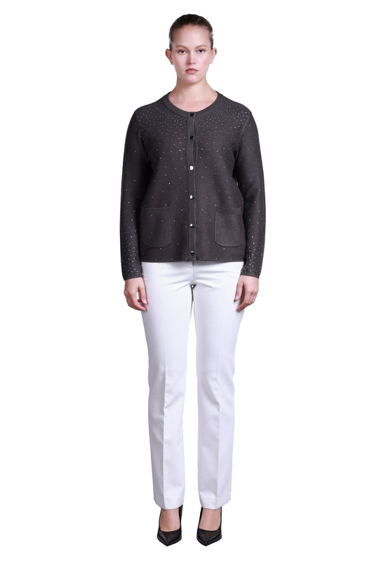 Sempre Minimalist Yuvarlak Yaka Uzun Kol Kadın Kazak - Taş Detaylı