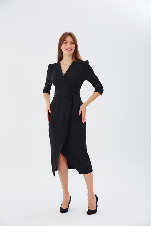 Kruvaze  Bağlamalı Abiye Elbise Nefeli 40 Siyah