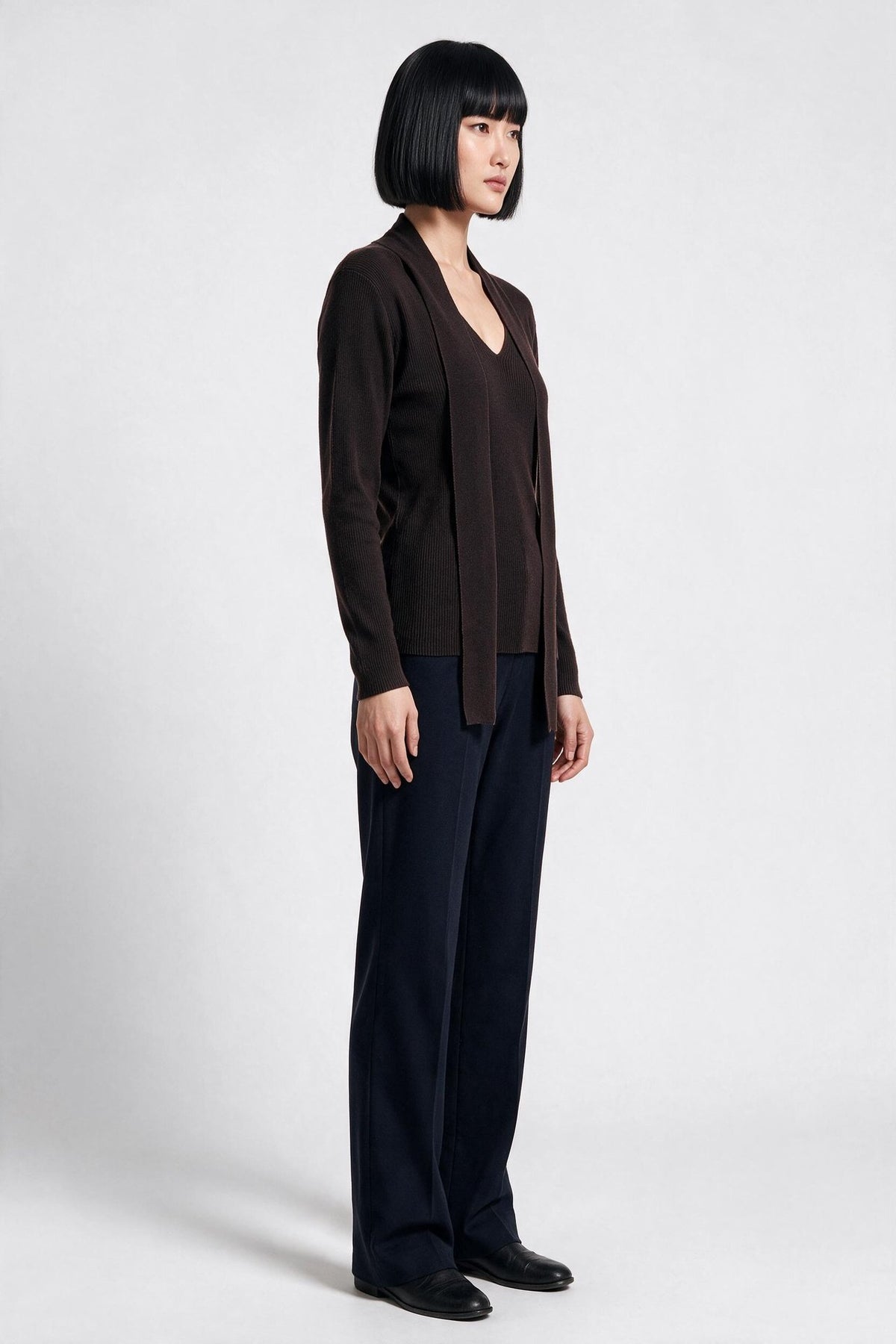 Lal Kadın V Yaka Uzun Kollu Fitilli Örme Bluz