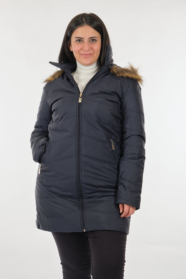 Desen Kadın Kışlık Kapüşonlu Midi Mont - Oversized, Sıcak