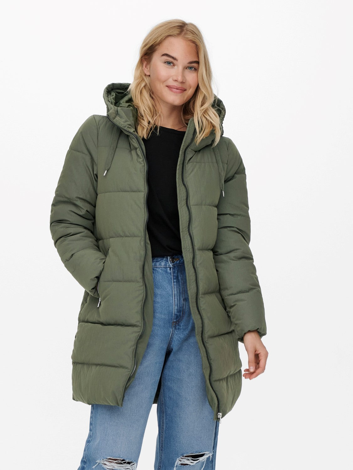 Only Kapüşonlu Oversize Midi Şişme Mont - Kışlık Günlük İkincil görsel