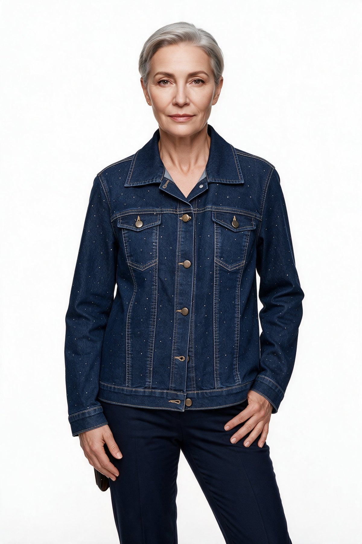 Seleste Kadın Gömlek Yaka Düğmeli Cepli Taş İşlemeli Denim Ceket 26YC26-1 Ana görsel