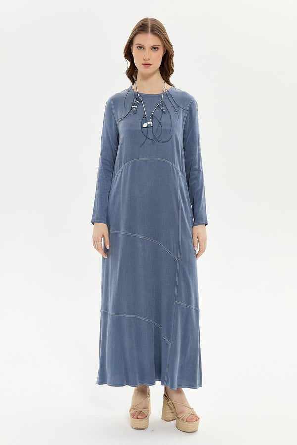 Müsemma Uzun Kol Maxi Elbise - Minimalist, Günlük, Doğal Kumaş