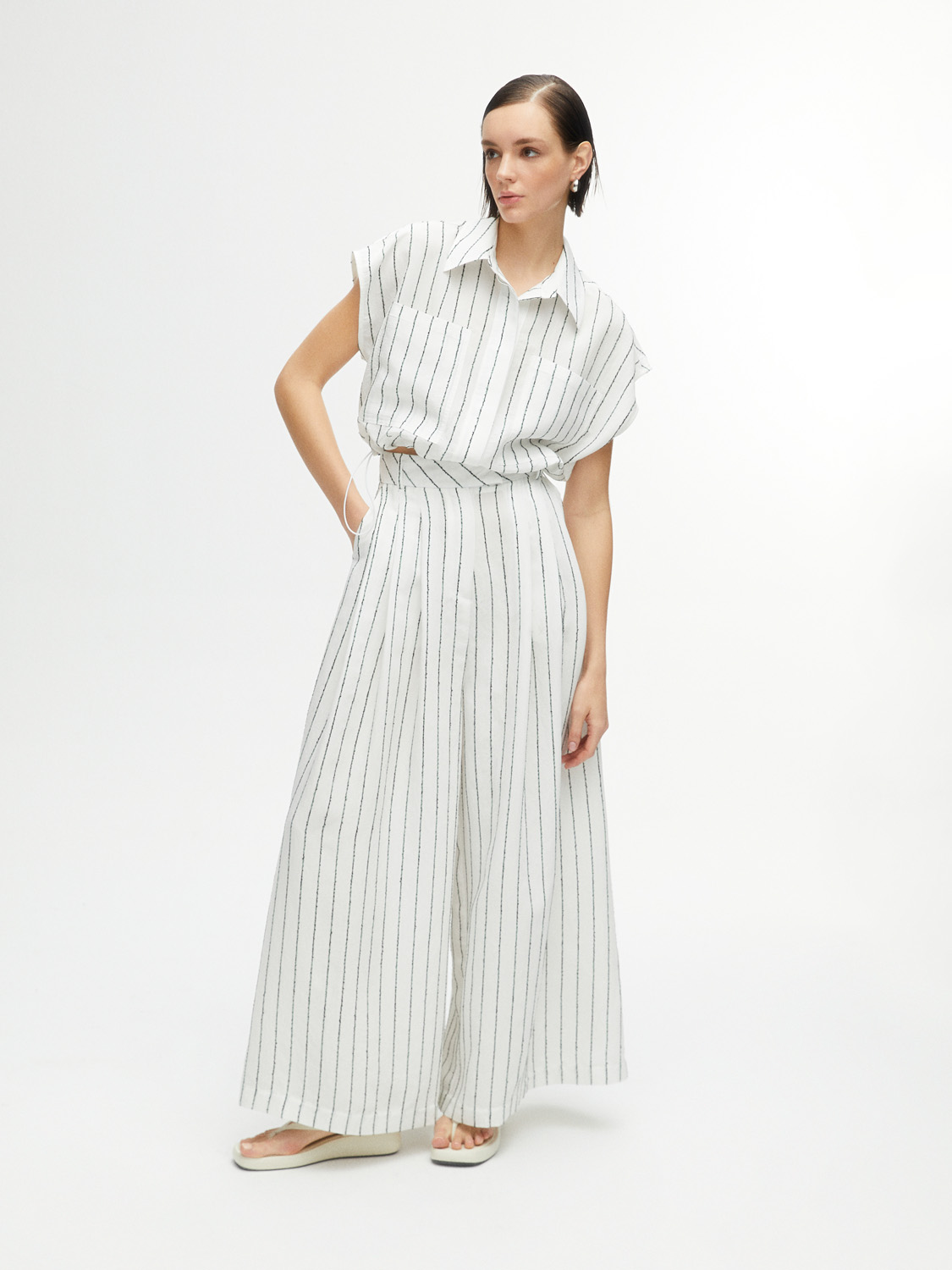 Nocturne Oversize Çizgili Keten Pantolon - Midi - Yüksek Bel Translation missing: tr.content.product_image_main