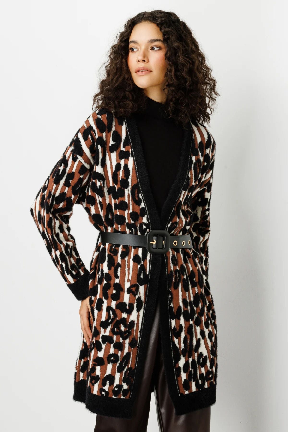 On Kadın Leopar Desenli Midi Uzun Kol Hırka - Vintage Stil