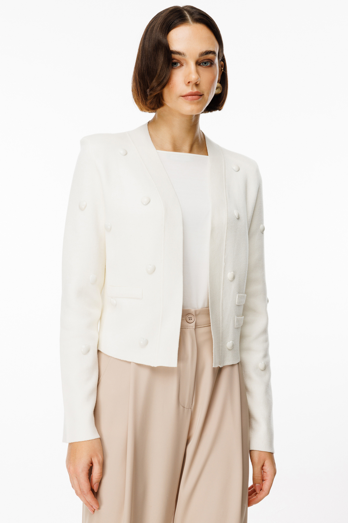 On Kadın Crop Hırka - Minimalist Oversized Incili Detaylı İkincil görsel
