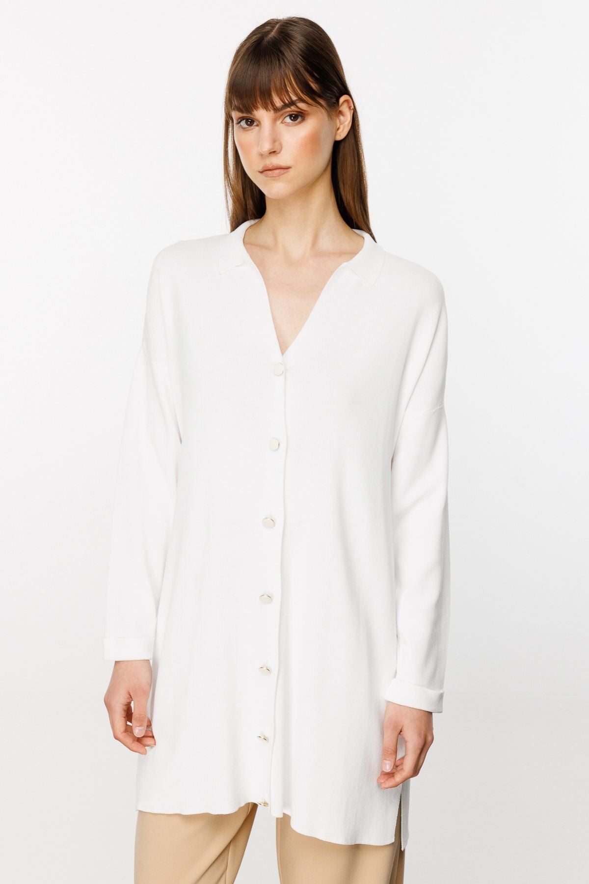 On Kadın Oversize Midi Hırka - Minimalist Günlük Stil - Uzun Kol Gömlek Yaka