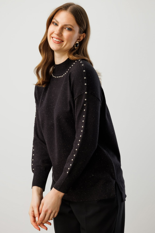 On Kadın Kumaşı Simli Zımba Detaylı Triko Kazak 26KON60307