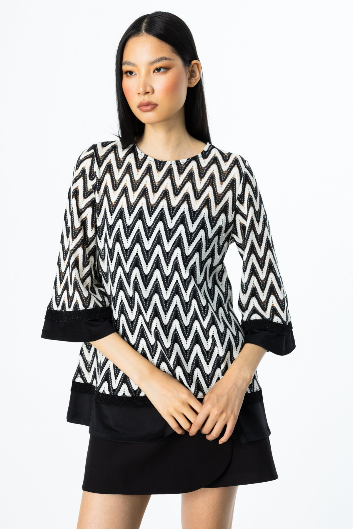 On Kadın Midi Tunik - Üç Çeyrek Kol - Zigzag Desen - Günlük & Şık