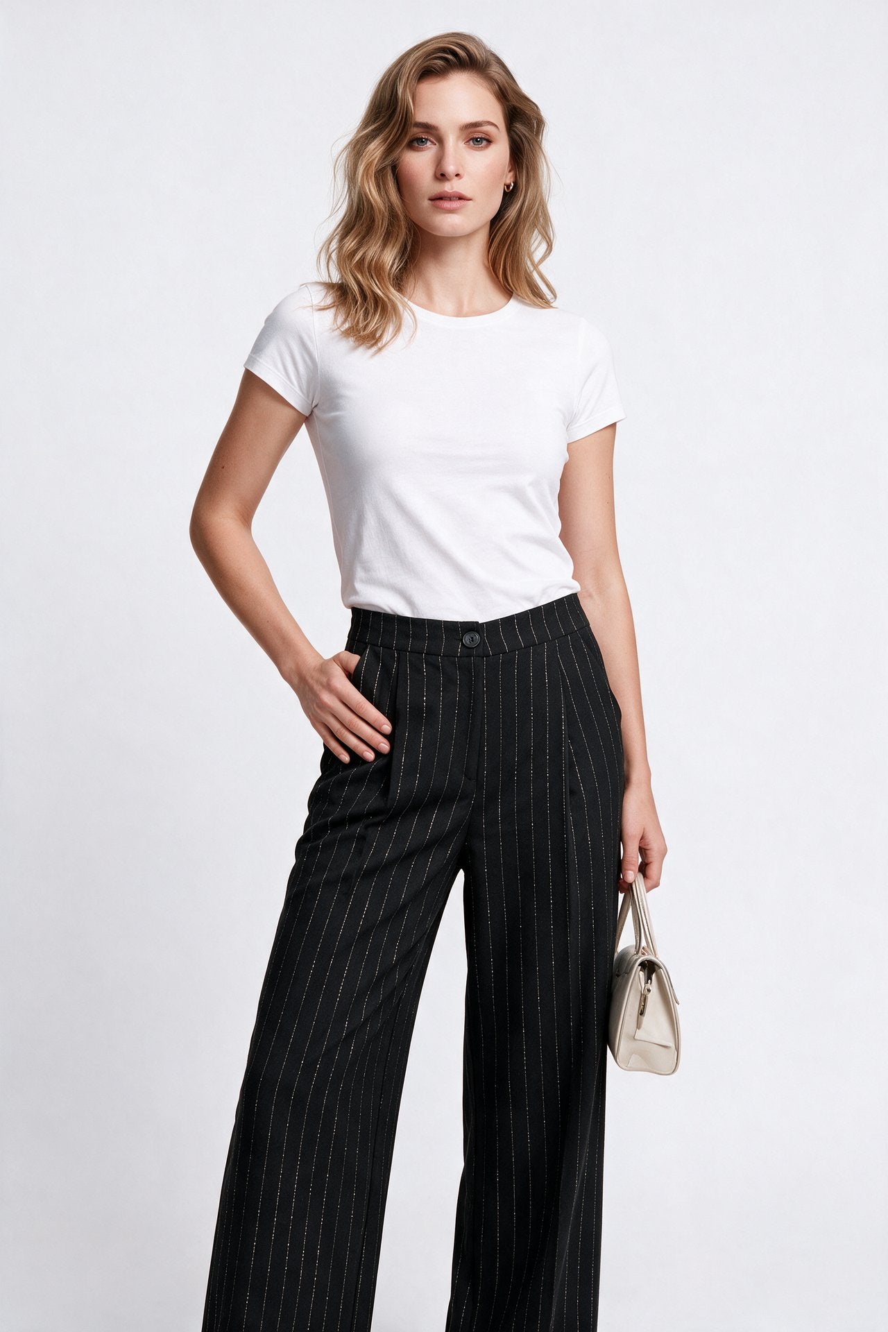 On Minimalist Çizgili Kemerli Midi Kadın Pantolon - Geniş Paça
