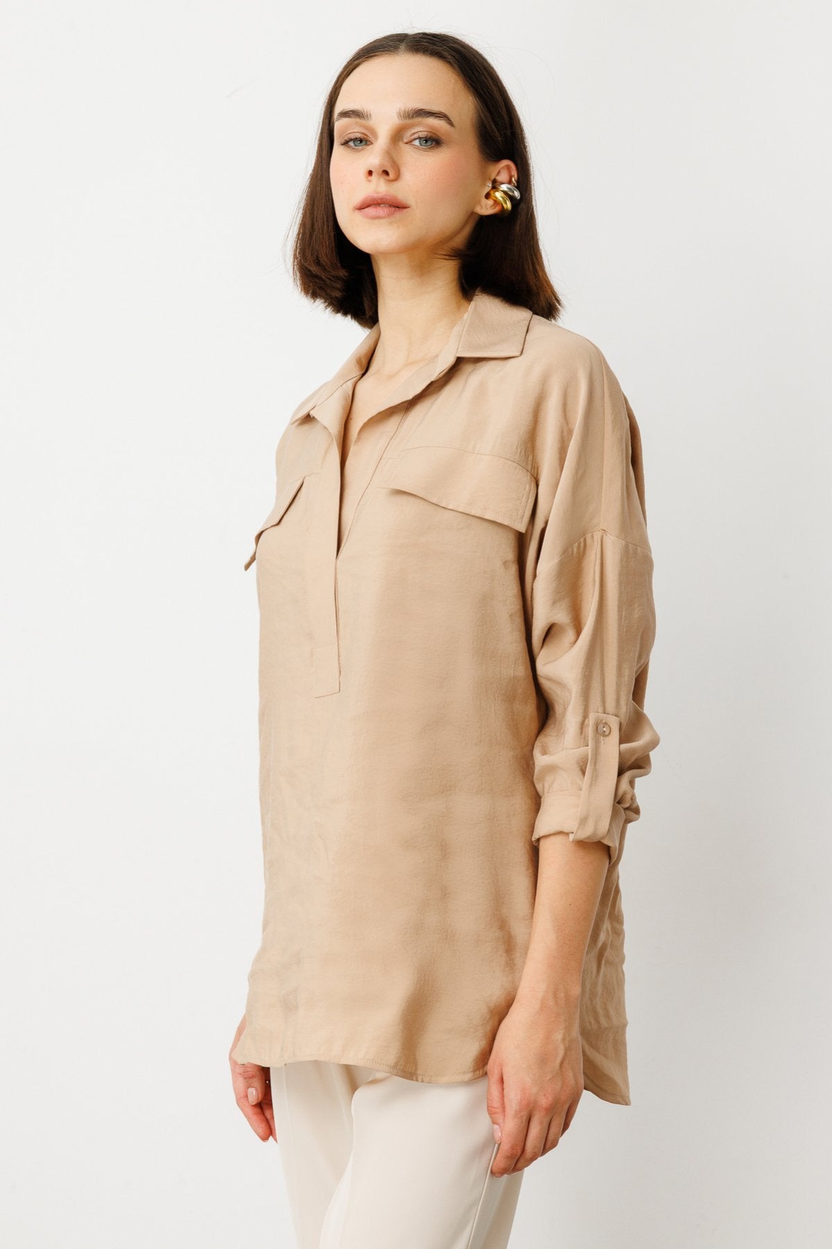 On Minimalist Oversize 3/4 Kol Cep Detaylı Kadın Bluz - Günlük Tarz