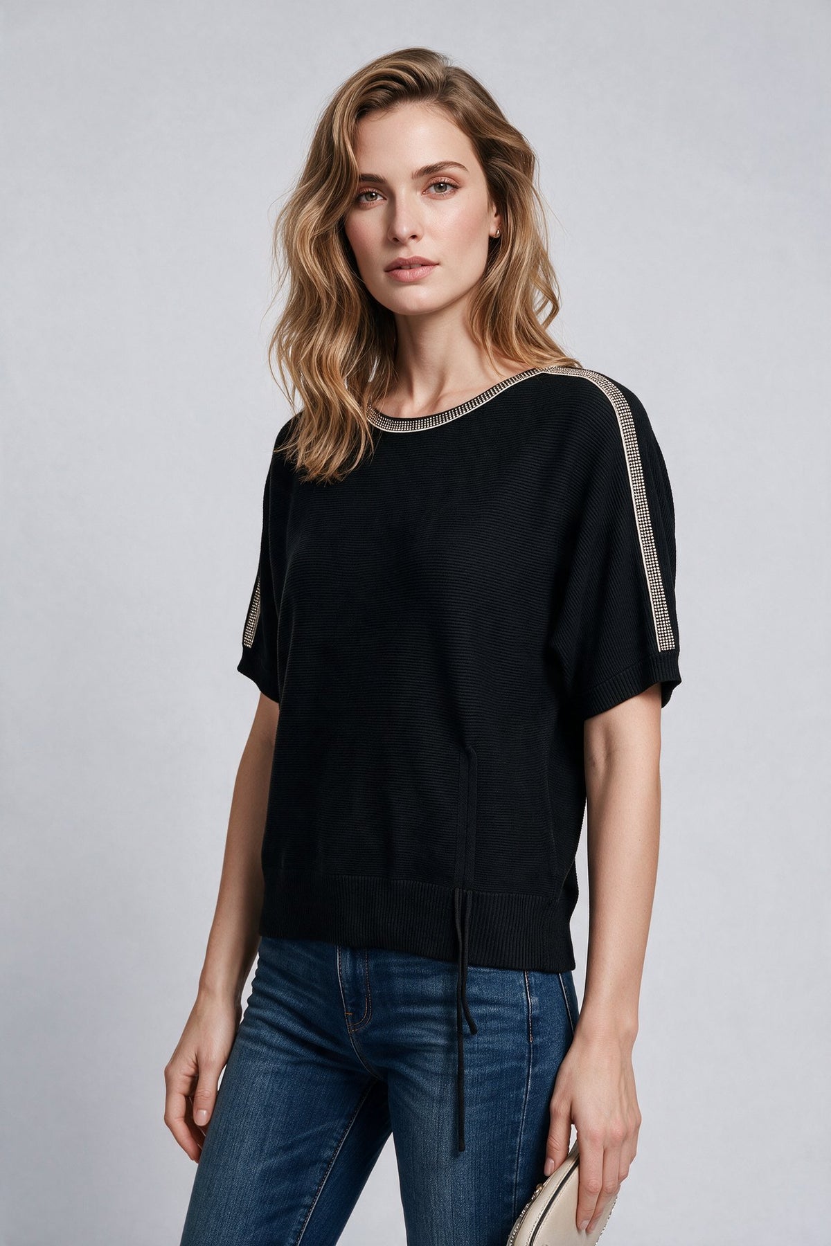 On Taş İşlemeli Büzgülü Bluz