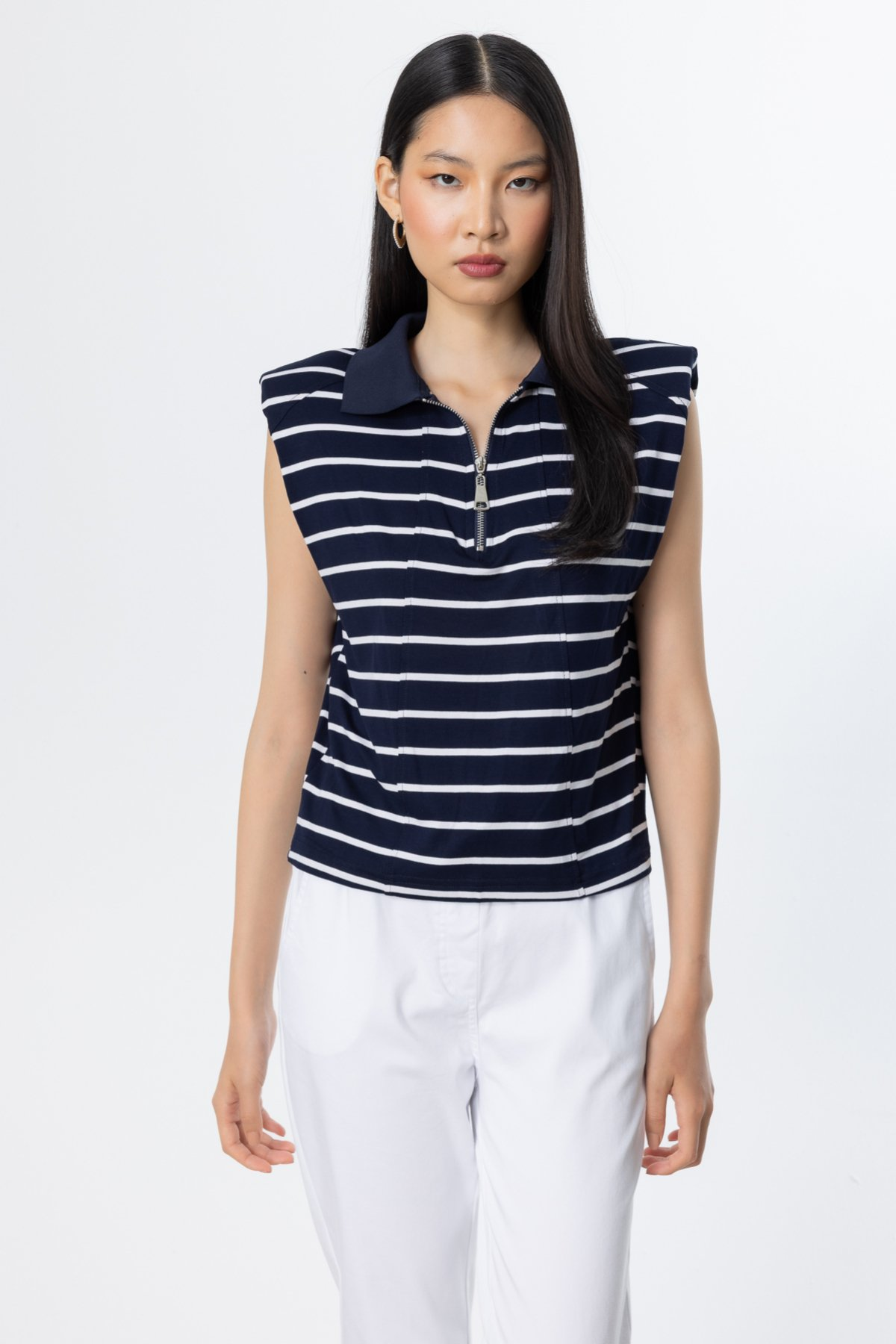 On Minimalist Çizgili Polo Yaka Kolsuz Crop Bluz - Yazlık Günlük Kombin İkincil görsel