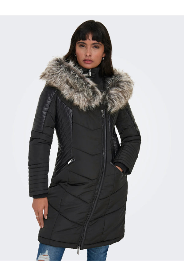 Only Kapüşonlu Asimetrik Fermuarlı Midi Kaban - Kışlık