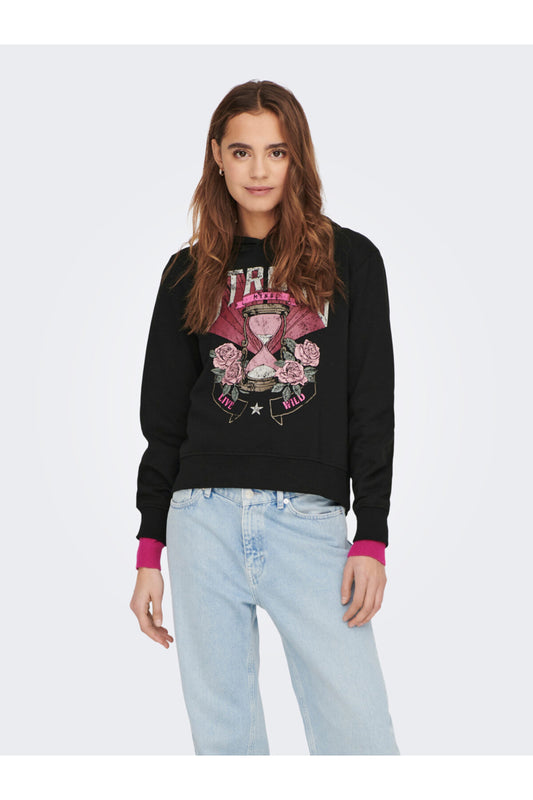 Only Oversize Kapşonlu Sweatshirt - Vintage Baskı - Crop - Günlük