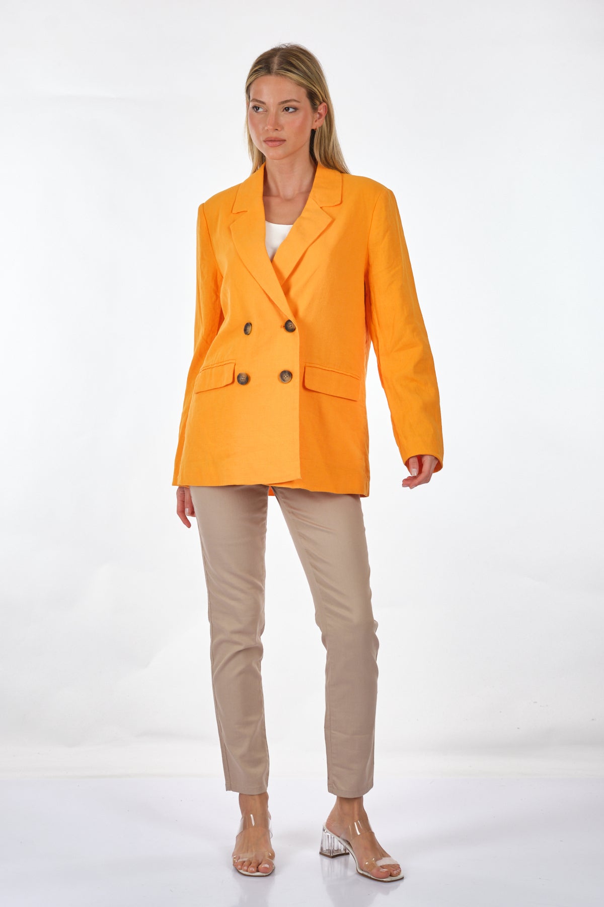 Only Oversize Minimalist Keten Kadın Ceket - Uzun Kol - Çift Düğme