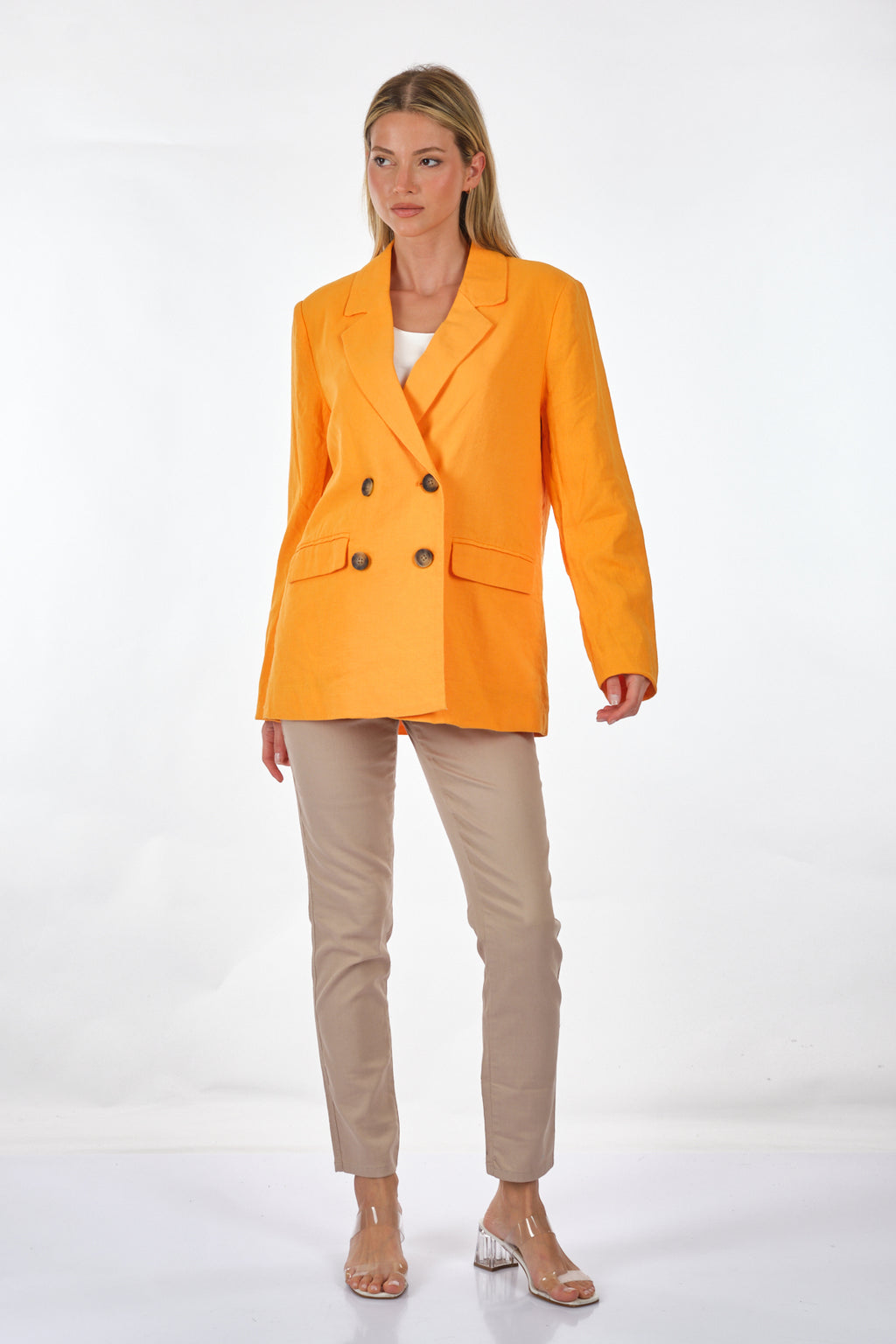Only Oversize Minimalist Keten Kadın Ceket - Uzun Kol - Çift Düğme
