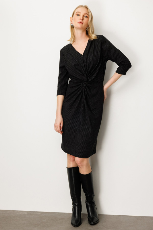 Önü Büzgülü Simli Midi Elbise Ekol