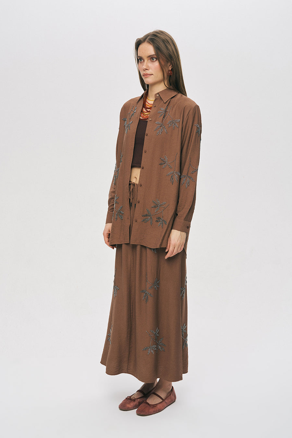 Orfeo Negro Kadın Yaprak İşlemeli Oversize Kesim Gömlek 34767