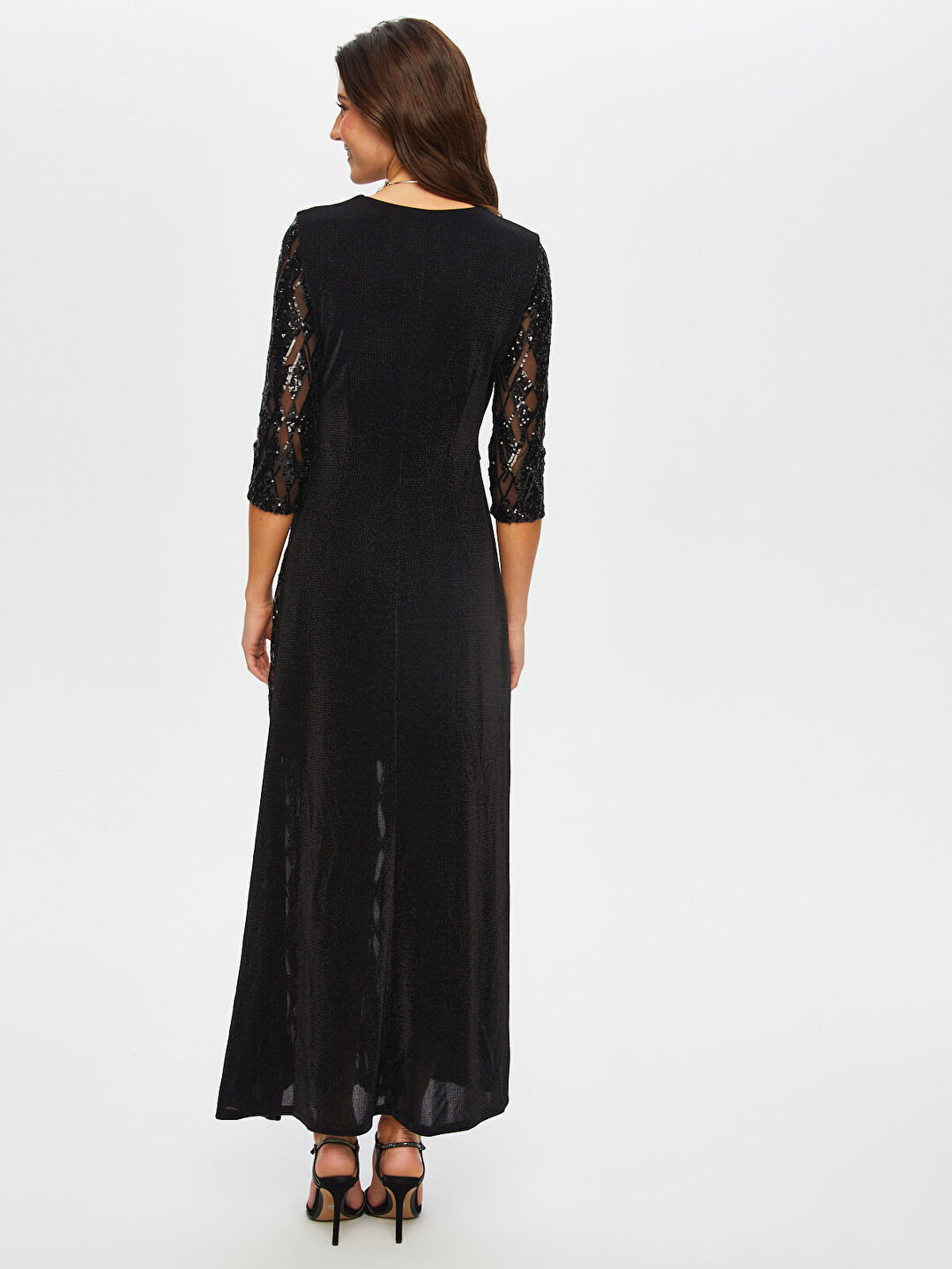 Örme Kumaş Garnili 3/4 Kol V Yaka Payetli Uzun Abiye Elbise Faik Sönmez