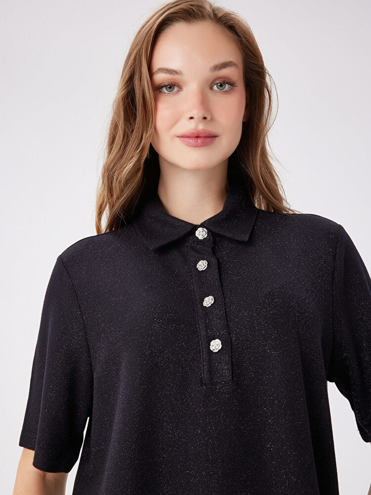 Özel Düğmeli Kendinden Simli Polo Yaka T-Shirt Tişört FAİK SÖNMEZ