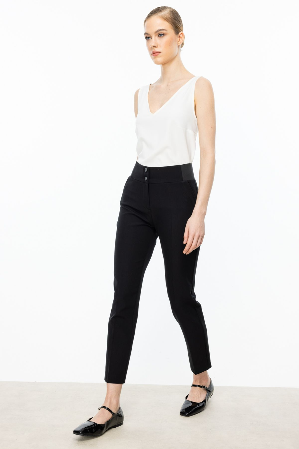 Ekol Minimalist Yüksek Bel Düğmeli Kadın Pantolon - 7/8 Boy