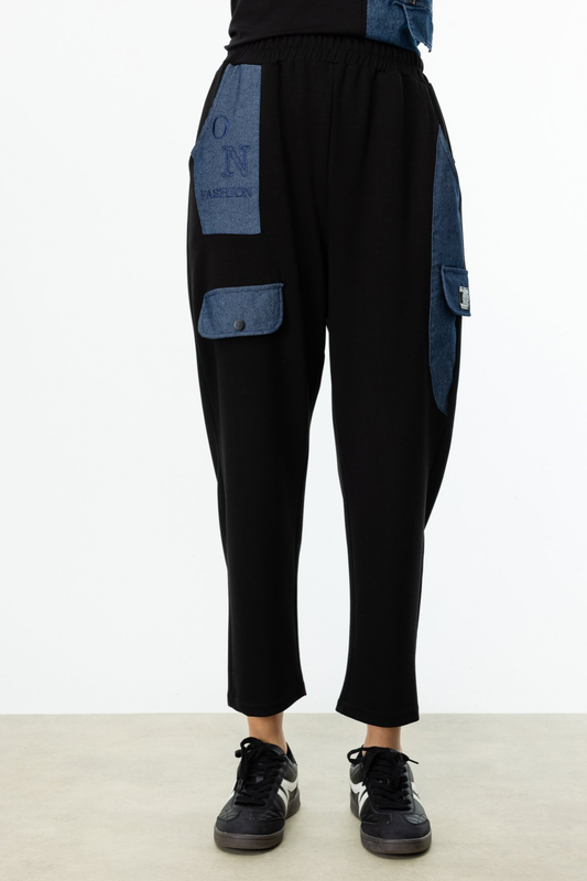 On Beli Lastikli Denim Detaylı Pantolon