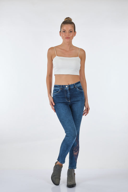 Kadın Dantel İşlemeli Pantolon Seleste