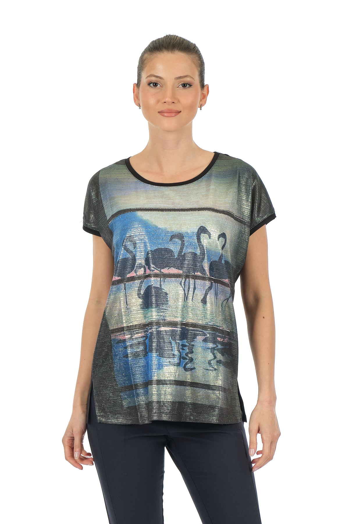 Twomail Oversize Flamingo Desenli Kadın T-Shirt - Kısa Kol Rahat Günlük Translation missing: tr.content.product_image_main