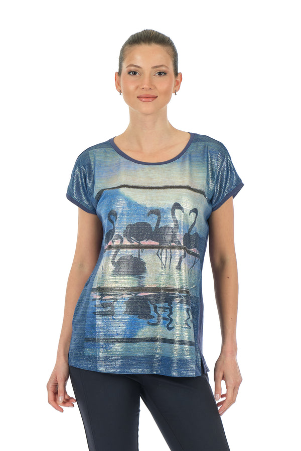 Twomail Oversize Flamingo Desenli Kadın T-Shirt - Kısa Kol Rahat Günlük
