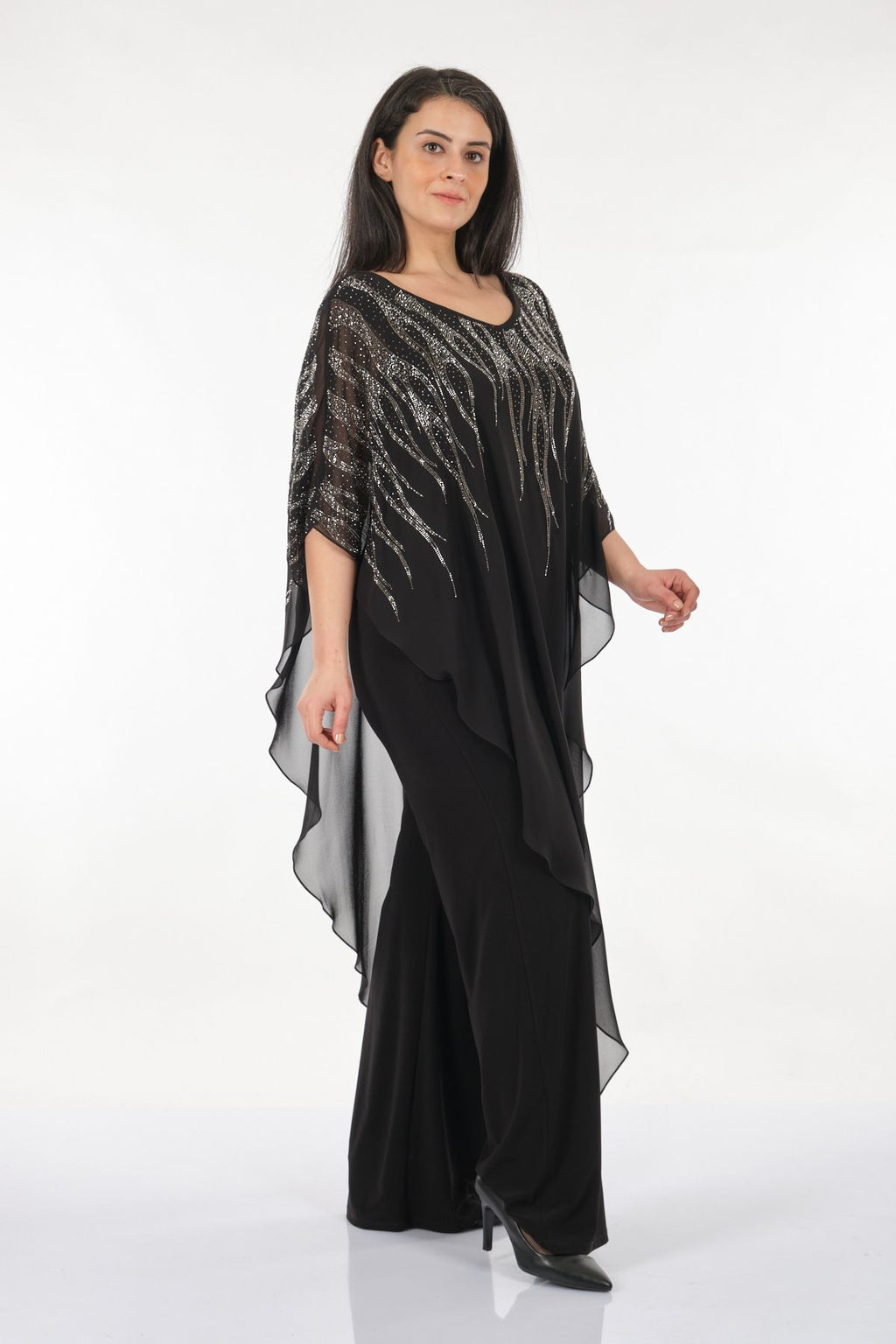 Rozeşah Asimetrik Yaka Oversize Midi Abiye Elbise - Şifon