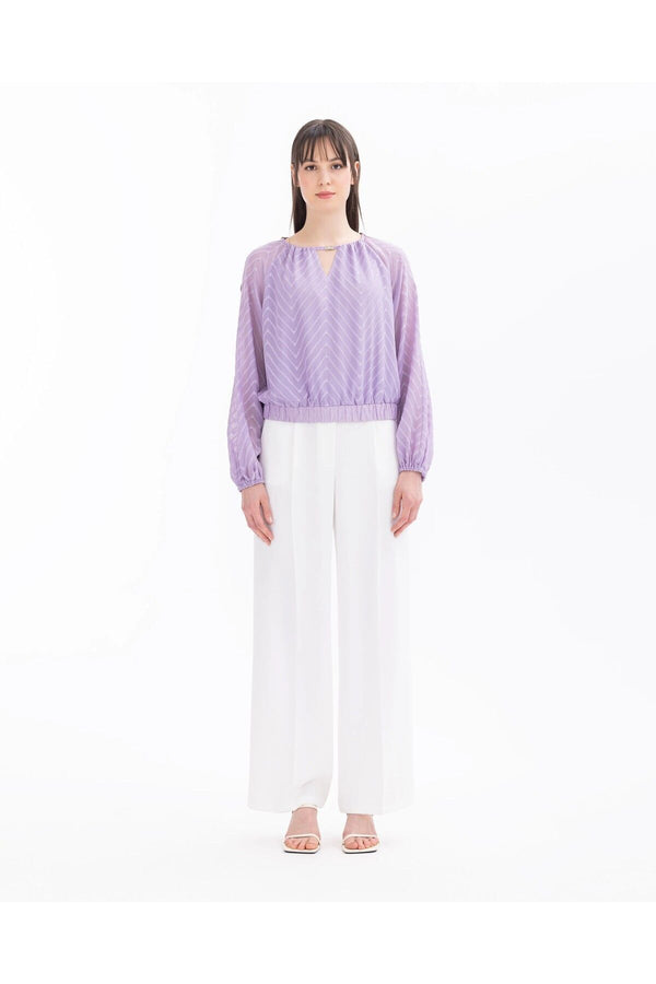 Seçil Minimalist Geometrik Desenli Uzun Kol Crop Bluz - Şifon Kumaş