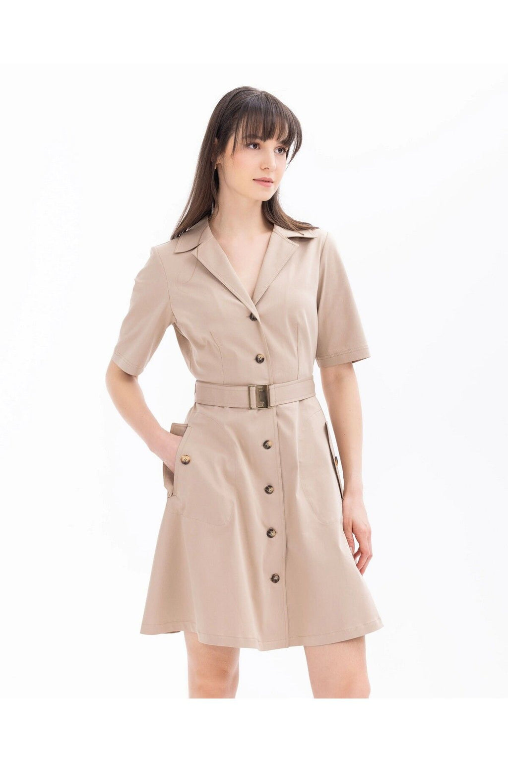 Seçil Minimalist Kemerli Kısa Kollu Midi Günlük Elbise
