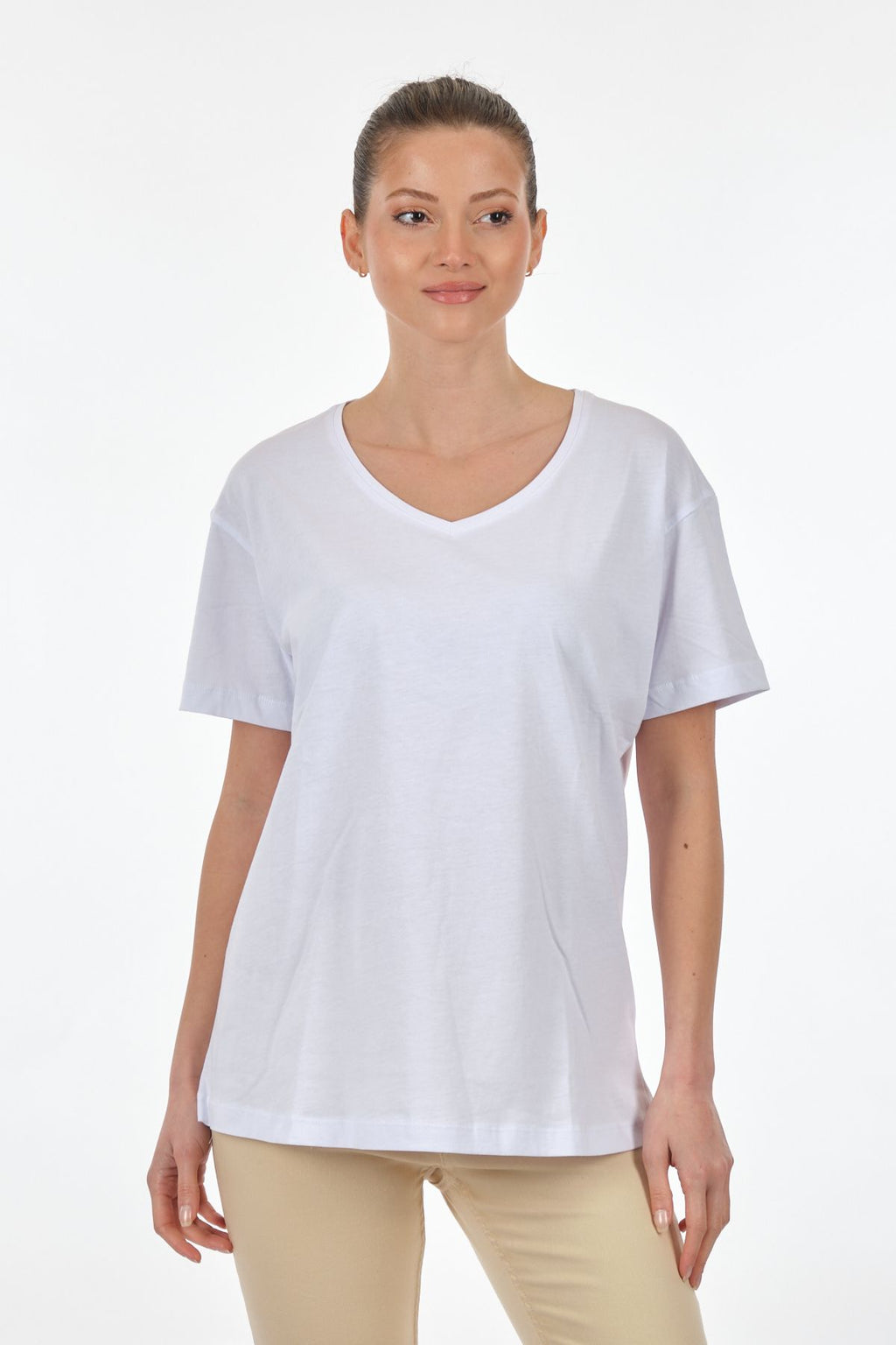 Seçil Kadın Oversize V Yaka Kısa Kol Minimalist T-Shirt - Günlük Kullanım