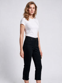 Seleste Kadın Yüksek Bel Düz Kesim Püsküllü Paça Crop Denim Pantolon