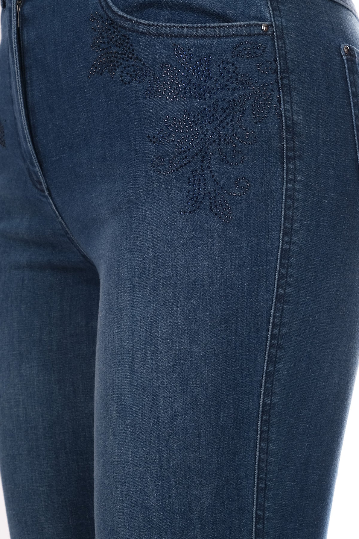 Seleste Minimalist Nakışlı Yüksek Bel Dar Paça Kadın Jean Pantolon