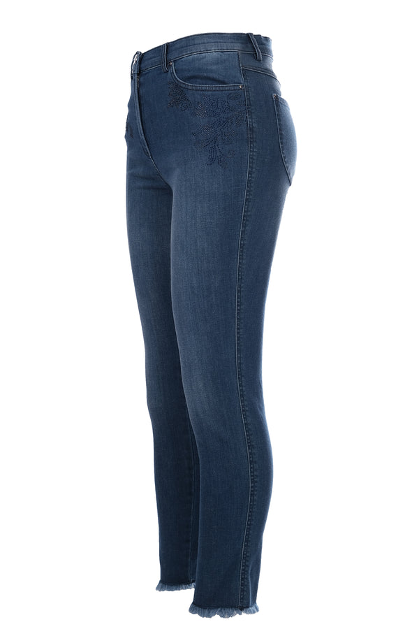 Seleste Minimalist Nakışlı Yüksek Bel Dar Paça Kadın Jean Pantolon