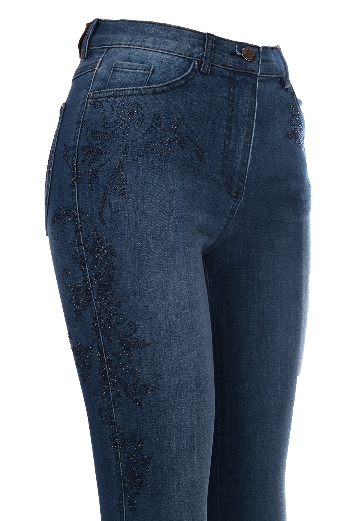 Seleste Minimalist Nakışlı Yüksek Bel Dar Paça Kadın Jean Pantolon