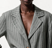 SO MERCY Kadın Çizgili Keten Karışımlı Rahat Kesim Blazer Ceket 6655