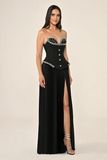 Straplez Taşlı Üst Krep Eteği Saten Pileli Uzun Abiye Elbise Alfabeta